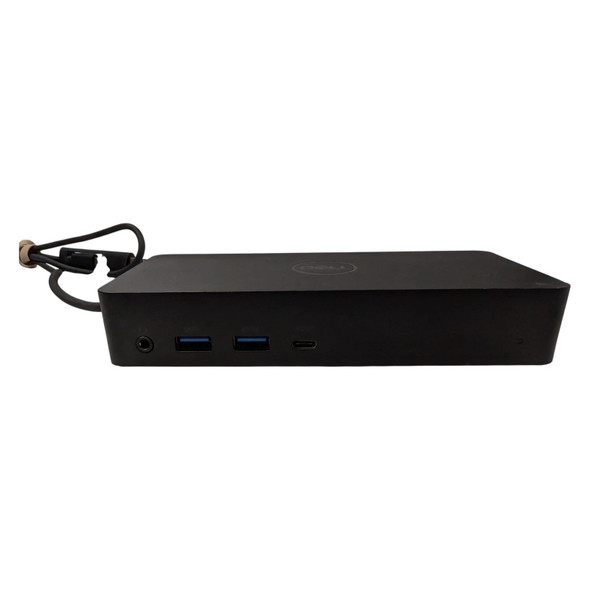 Front view of the black Dell Universal Dock D6000 against a white background, highlighting the front-facing ports including a 3.5mm audio combo jack, two blue USB 3.0 Type-A ports, and one USB-C port.
