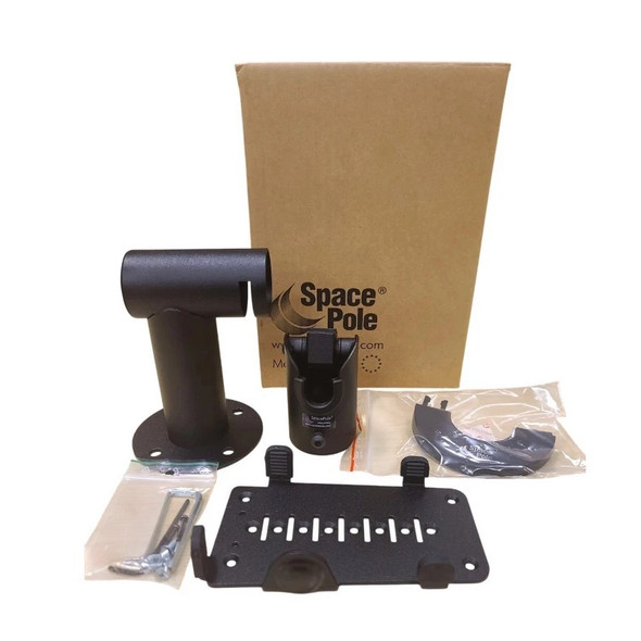 Complete retail kit contents for SpacePole Ingenico iPP320 DuraTilt Mount, including the matte black wall pole, tilting joint, interface backplate, hardware packets, and original product box.