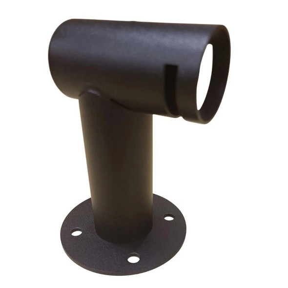 Matte black steel right-angle wall mounting pole featuring a circular base flange with three pre-drilled bolt holes for rigid surface installation.