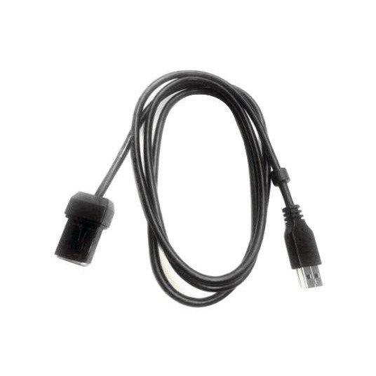 Top-down full view of a coiled 3.8-meter black IBM POS USB keyboard data and power cable (45U0018) on a white background, featuring a standard USB Type-A connector on one end and a proprietary POS terminal connector on the other.