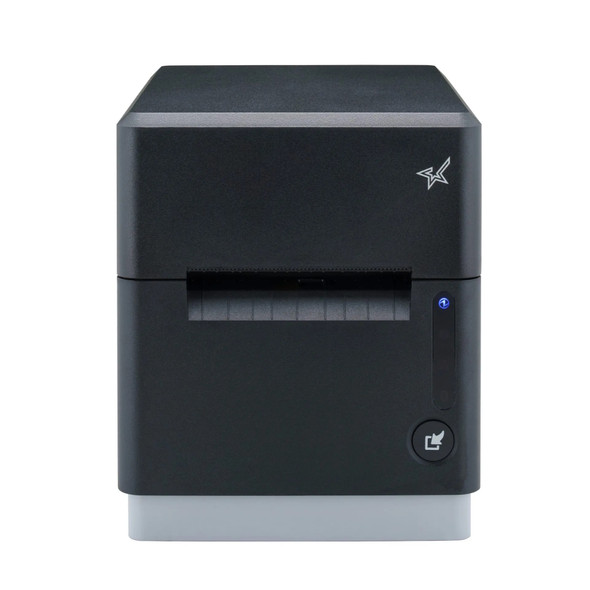 Front view of a black Star Micronics mC-Print3 thermal receipt printer with a compact, matte-finish housing, showcasing the horizontal paper exit slot, a single blue LED status indicator light, and the paper feed button on the bottom right.