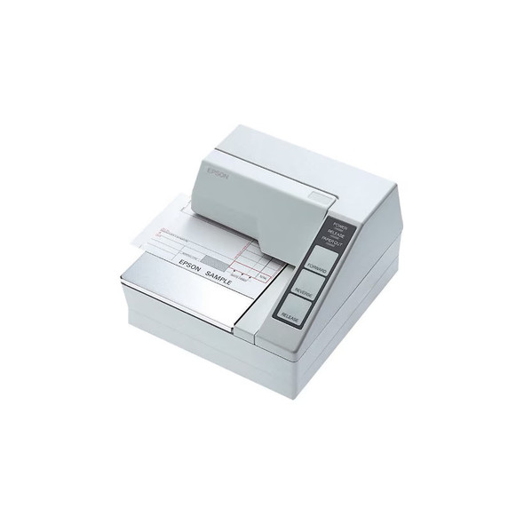 High-angle product shot of an Epson TM-U295 compact dot matrix slip printer in cool white (C31C163272), showing a sample receipt loaded into the flatbed mechanism and the front control panel buttons on a clean white background.