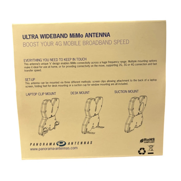 The back of the retail box for the Panorama Ultra-Wideband MiMo Antenna, detailing features for boosting 4G mobile broadband speeds, setup steps, and diagrams for laptop clip, desk, and window suction mounting options.