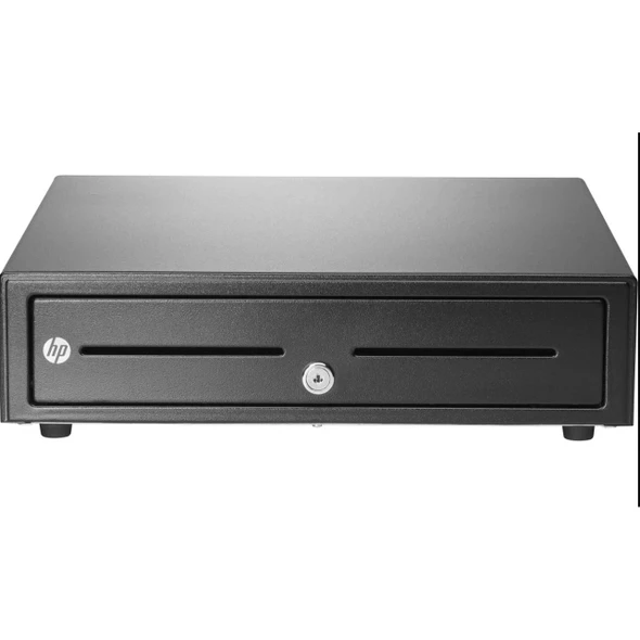 A matte black HP T400 standard-duty POS cash drawer shown from a straight front-facing angle against a solid white background. The front panel features the silver circular HP logo on the far left, two horizontal media slots for checks or receipts, and a centered silver key lock mechanism.