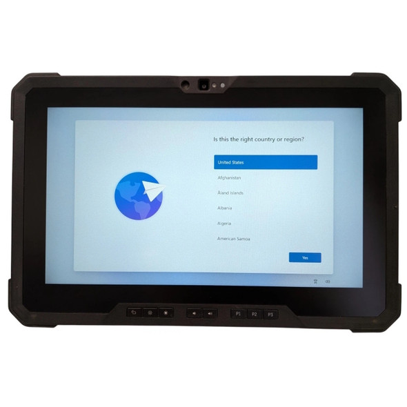 A direct front view of the active tablet displaying the blue and white Windows initial setup screen on a white background. The text reads "Is this the right country or region?" with "United States" selected in a blue box. The thick black rugged bezels feature an integrated camera array at the top and a row of physical buttons (including customizable keys labeled P1, P2, and P3) along the bottom edge.