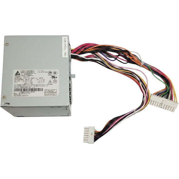 Top-down flat view of a silver IBM SurePOS 700 series replacement power supply against a white background, showcasing the main specifications label with a barcode and the attached bundle of multi-colored wiring leading to two white pin connectors.