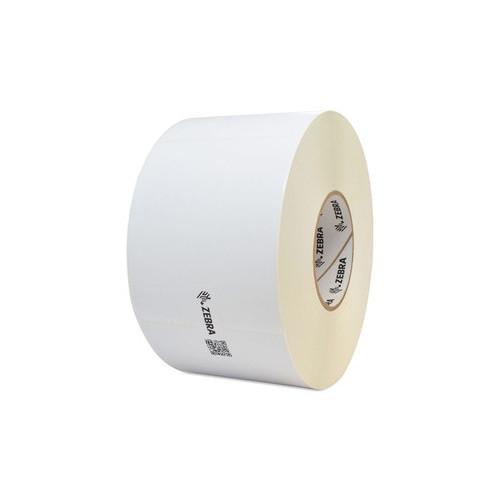 A large industrial roll of Zebra Z-Perform 2000D 4x6 direct thermal shipping labels with a 3-inch core, displaying the Zebra logo and QR code on the protective wrap against a clean white background.
