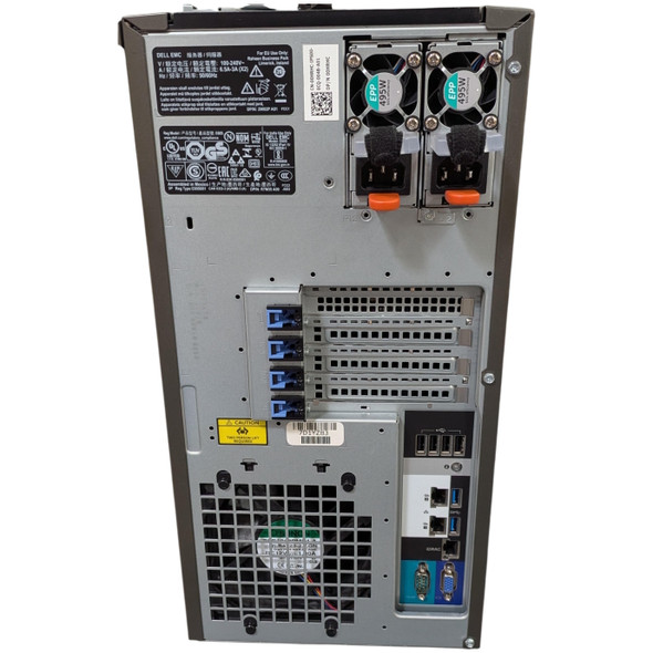 Rear panel interface of a Dell EMC PowerEdge T340 tower server. Visible components include two redundant 495W EPP hot-plug power supplies at the top right, four PCIe expansion slots with blue release latches, a large system cooling fan at the bottom, and an I/O panel with four USB ports, two Gigabit Ethernet ports, an iDRAC management port, a serial port, and a VGA port.