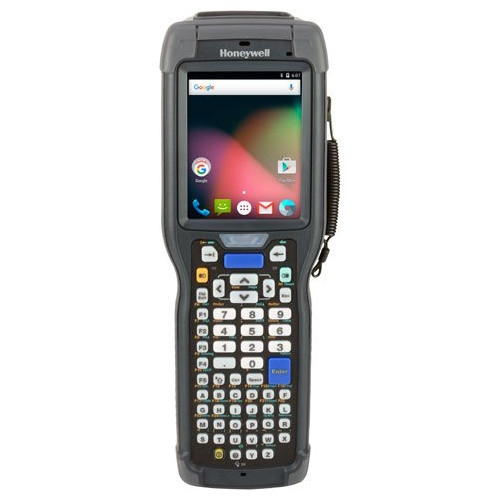 A front, vertical view of the Honeywell CK75, an ultra-rugged mobile computer, with a light gray, industrial-grade casing. The top features a large touchscreen displaying the Android 6.0 interface, including the Google search bar and app icons. Below the screen is a comprehensive alphanumeric keypad, a prominent central blue button, and smaller navigation keys. A side coiled stylus tether is visible. The Honeywell logo is centered above the screen. The entire device has thick, protective bumpers.