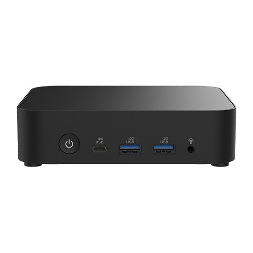 Front view of the black ASUS NUC 14 Essential Mini PC chassis against a white background, highlighting the power button, one 10G USB-C port, two 10G USB-A ports, and a 3.5mm headphone jack.