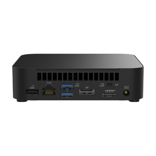 Rear view of the ASUS NUC 14 Essential Mini PC showing the cooling vent grill, a 2.0 USB port, 2.5G RJ45 Ethernet port, stacked 10G USB-A ports, full-sized DisplayPort, 10G USB-C DP port, HDMI port, and DC-in power jack.