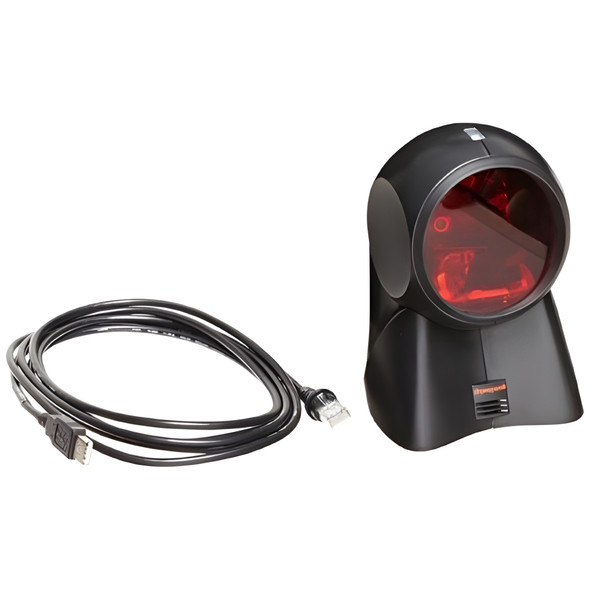 Honeywell Orbit 7120 retail kit contents showing the black omnidirectional laser barcode scanner standing next to its coiled black modular-to-USB interface data cable on a white background.