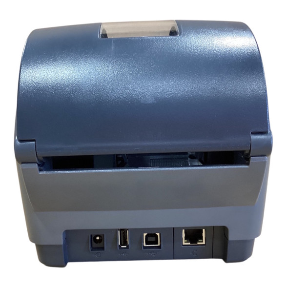 Back interface panel of the Honeywell PC43d printer against a white background, highlighting its built-in connectivity ports: a DC power input, a USB Host Type-A port, a USB Device Type-B port, and an RJ45 Ethernet network port.
