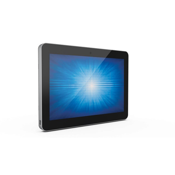 Angled front-left perspective view of the slim Elo I-Series 2.0 21.5-inch touchcomputer displaying a vibrant blue digital graphic, showcasing its thin profile, flush glass panel design, and a subtle "elo" brand accent on the lower silver bezel edge.