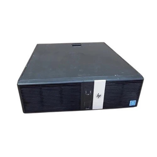 Front three-quarter perspective of the black HP RP5 Retail System Model 5810 SFF desktop terminal, showing its slatted ventilation grille, central power button panel with indicator lights, vertical silver accent strip featuring the HP logo, and an Intel sticker on the lower right.