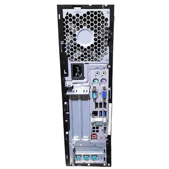 Rear input/output panel view of the HP RP5 5810 retail PC terminal showing the cooling fan grille, power socket, legacy PS/2 ports, audio jacks, serial COM ports, a VGA port, standard USB ports, blue USB 3.0 ports, a DisplayPort connection, a cash drawer port, and retail-specific powered USB slots at the bottom.