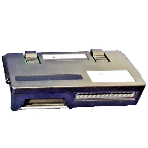 Front angle perspective of the black Verifone MX9XX I/O interface connection block, highlighting the long multi-pin connector dock along the lower front edge alongside a secondary slot configuration for direct system mounting.