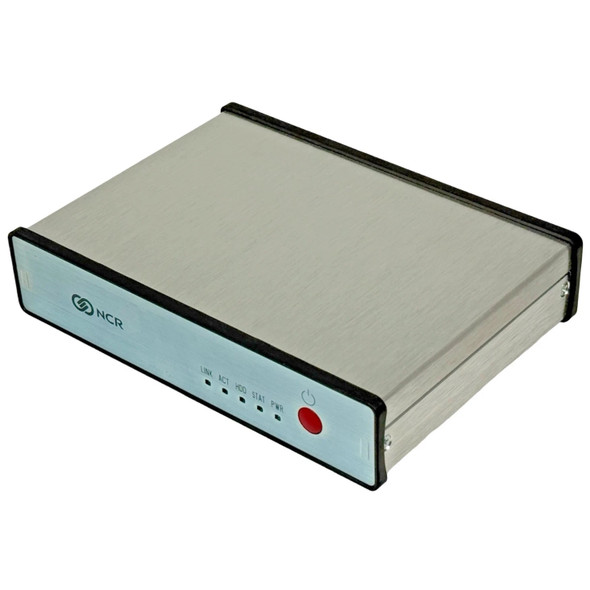 Isometric angled view of the compact, ruggedized NCR KC4 Kitchen Controller hardware showcasing its silver brushed aluminum industrial enclosure and slim form factor.