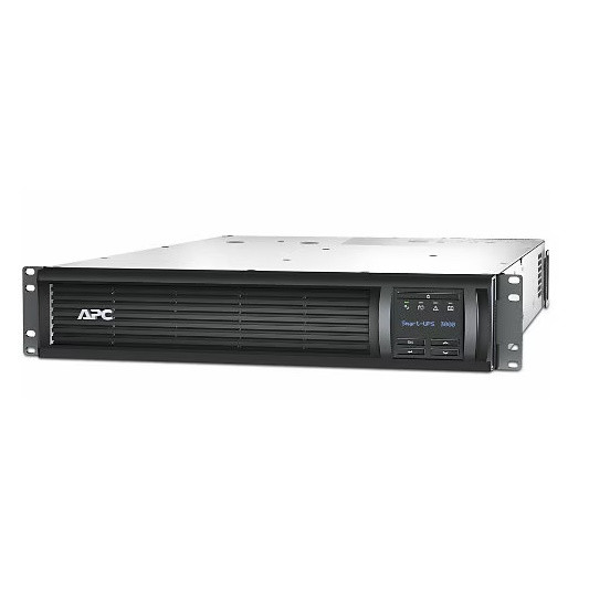 Alt Text: Angled front perspective of an APC Smart-UPS 3000VA rack-mount uninterruptible power supply featuring a black front bezel, APC logo, LCD status display screen, navigation buttons, and integrated rack ears.