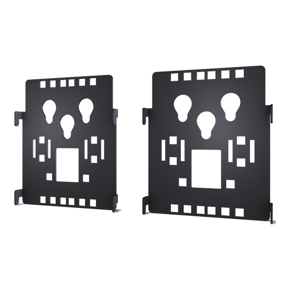 Pair of black steel APC NetShelter AR8681 connector accessory brackets with toolless keyhole mounting slots and integrated side attachment hooks.