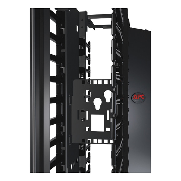 Close-up of an APC NetShelter AR8681 connector accessory bracket installed midspan inside a black 6-inch wide double-sided vertical cable management rack channel.
