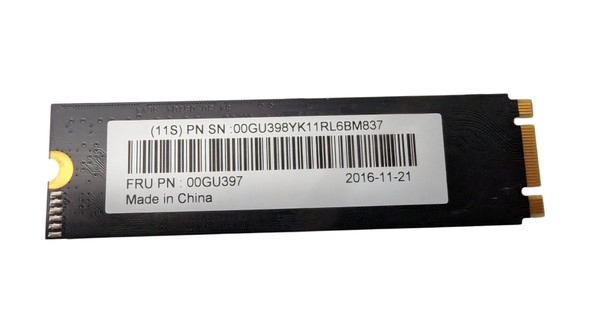 Rear view of SanDisk X300s 64GB M.2 2280 SATA III solid state drive showing the Lenovo FRU PN 00GU397 barcode sticker.