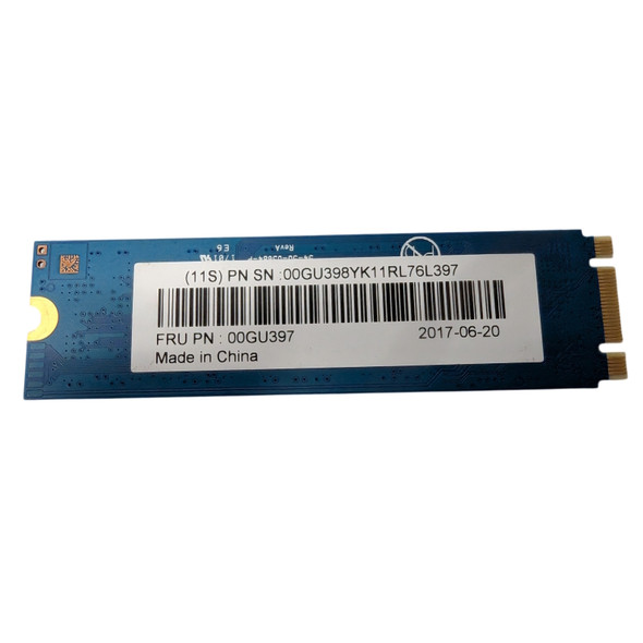 Rear view of blue SanDisk Z400s 64GB M.2 2280 SATA III solid state drive showing Lenovo FRU PN 00GU397 barcode sticker.