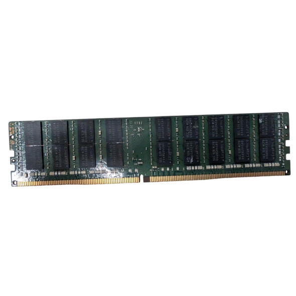 Rear view of a green circuit board Samsung 32GB DDR4 server LRDIMM memory module showing black DRAM chips and gold connector pins along the bottom edge.