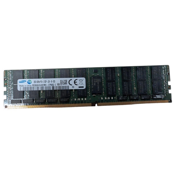 Front view of a Samsung 32GB DDR4 server LRDIMM memory stick featuring a white specification label with part number M386A4G40DM0-CPB0Q, 32GB 4DRx4 PC4-2133P specs, and memory chips.