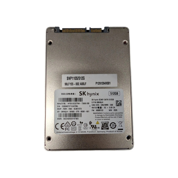 Top view of a silver metallic SK Hynix SC401 512GB 2.5-inch SATA SSD, showing the main specification label with model number HFS512G32TNH-73A0A, Dell PN 0MH8JH, barcode indicators, and SATA interface connector pins at the top.