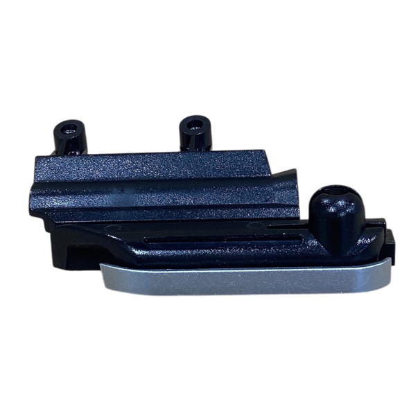 Side view profile of a black plastic Verifone STY132-003-01-A stylus holster bracket showing a silver accent strip along the front, mounting screw posts, and the stylus insertion channel on a white background.