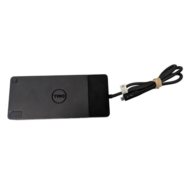 Overhead view of the black Dell WD19TB docking station featuring the central Dell logo, top power button, and attached USB-C Thunderbolt host connection cable secured with a rubber band.