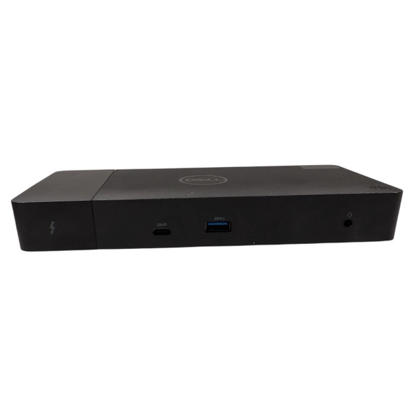 Front view of the black Dell WD19TB docking station highlighting the front panel ports, including a USB-C port, USB 3.1 Type-A port, and 3.5mm audio jack.