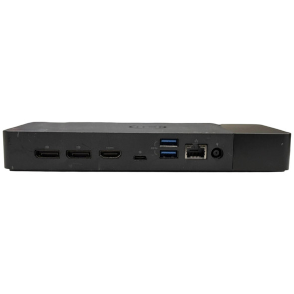 Rear port view of a black Dell WD19S USB-C docking station showing dual DisplayPort 1.4 outputs, HDMI 2.0 port, USB-C DisplayPort, two USB 3.2 Type-A ports, Gigabit Ethernet jack, and AC power input socket.