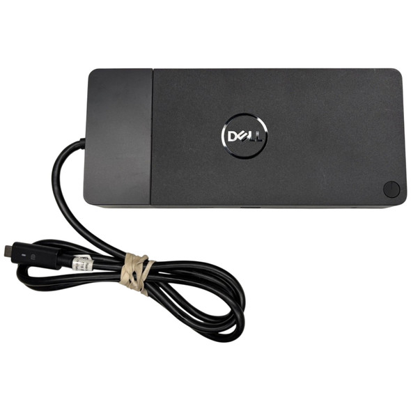 Overhead view of the black Dell WD19S docking station featuring a silver Dell logo, corner power button, and an attached USB-C host connector cable bundled with a rubber band on a light background.