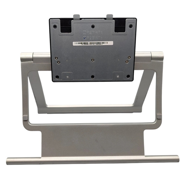 Front view of the silver articulating easel-style Dell P2314T / P2314TT touchscreen monitor stand showing the dual-hinged frame and central mounting plate.