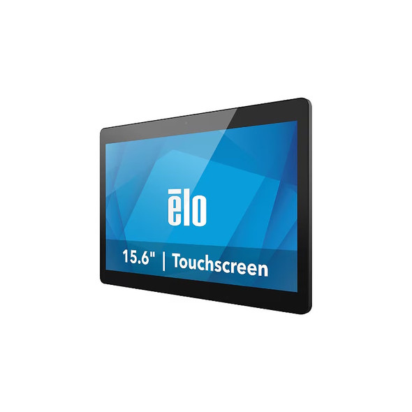 Angled three-quarter front view from the right side highlighting the slim profile and edge-to-edge glass display of the 15.6-inch Elo Touch computer.
