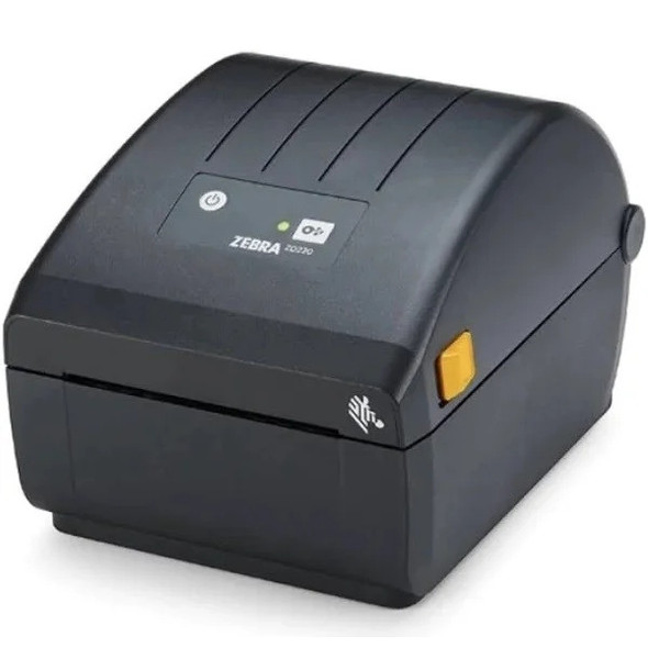 Angled front-left view of the compact Zebra ZD220d label printer showing the control panel, LED status light, and media dispenser slot.