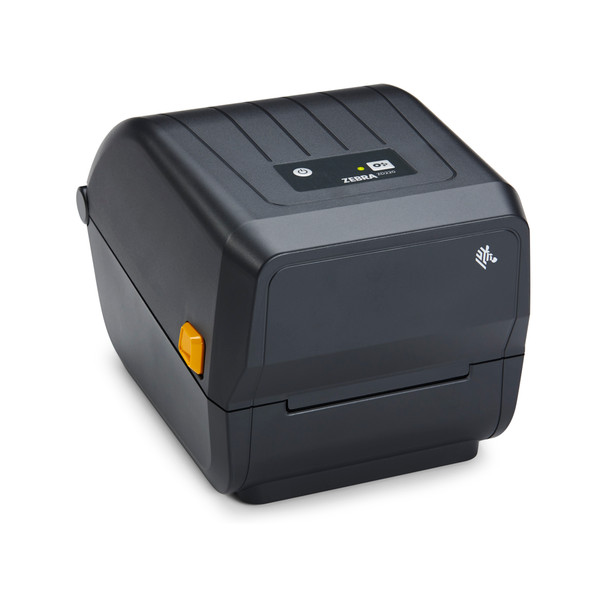 High-angle front-left view of the closed Zebra ZD220t dark gray thermal transfer desktop barcode printer.