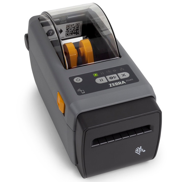Zebra ZD411d 2-inch direct thermal barcode printer (ZD4A022-D01E00EZ) angled front view showing media window and status panel.