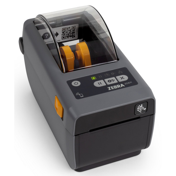 Zebra ZD611d 2-inch premium direct thermal barcode printer (ZD6A022-D01E00EZ) angled front view showing control panel interface and clear media window.