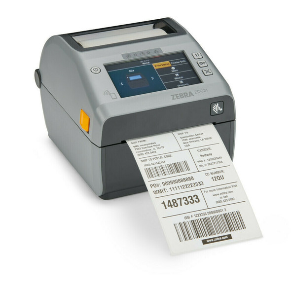 Front angle view of the Zebra ZD621 desktop label printer actively printing a shipping label with barcodes and text, showing color LCD touch screen.