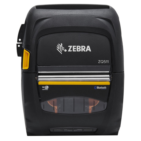 Straight-on front view of the black Zebra ZQ511 3-inch mobile printer displaying its tear bar, yellow latch, and Wi-Fi and Bluetooth logos.
