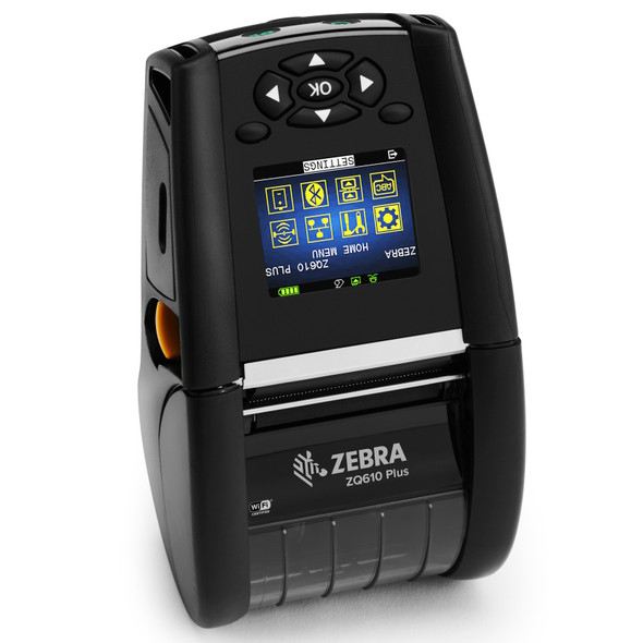 Front view of the black Zebra ZQ610 Plus mobile printer displaying the powered-on color LCD menu screen, navigation D-pad, Wi-Fi logo, and yellow media latch.