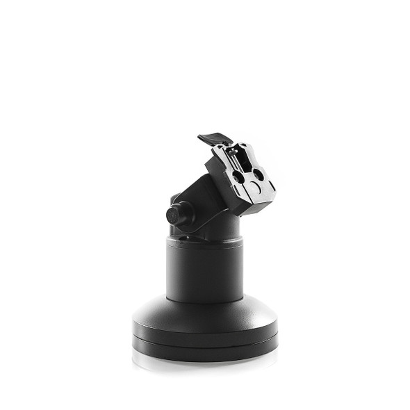 HAT Design Works PTS-04-LANE-WK-104 4-inch black payment terminal pole stand with quick-release mounting bracket on a clean white background.