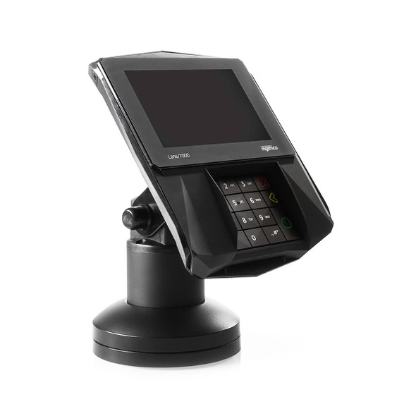Ingenico Lane 7000 credit card terminal mounted on a black HAT Design Works PTS-04-LANE-WK-104 countertop tilt and swivel stand.