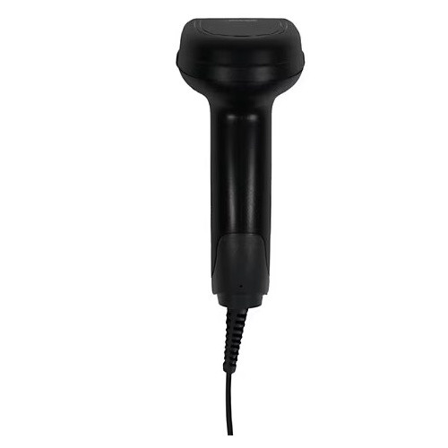 Direct rear view of the black Star Micronics BSH-20U handheld barcode scanner, displaying its ergonomic handle, contoured head, and attached USB cable with strain relief at the bottom.