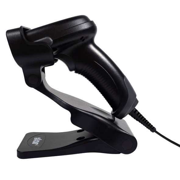 Profile view of the black Star Micronics BSH-20U barcode scanner resting securely in its adjustable hands-free desktop stand, featuring the Star logo printed on the base plate.
