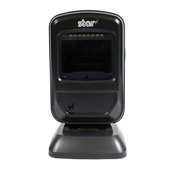 Front view of the Star Micronics BSD-40U desktop 2D barcode scanner on its base, showing the scanning window and Star logo.