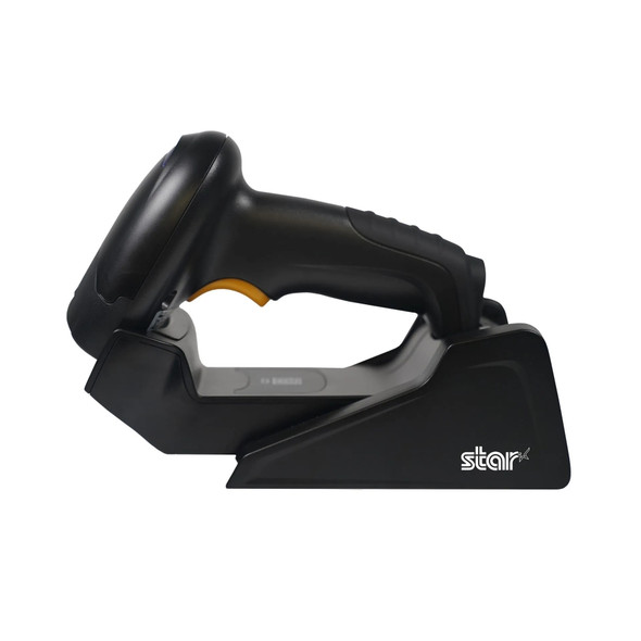 Side profile of the black Star Micronics BSH-32B Bluetooth barcode scanner seated horizontally in its charging cradle.